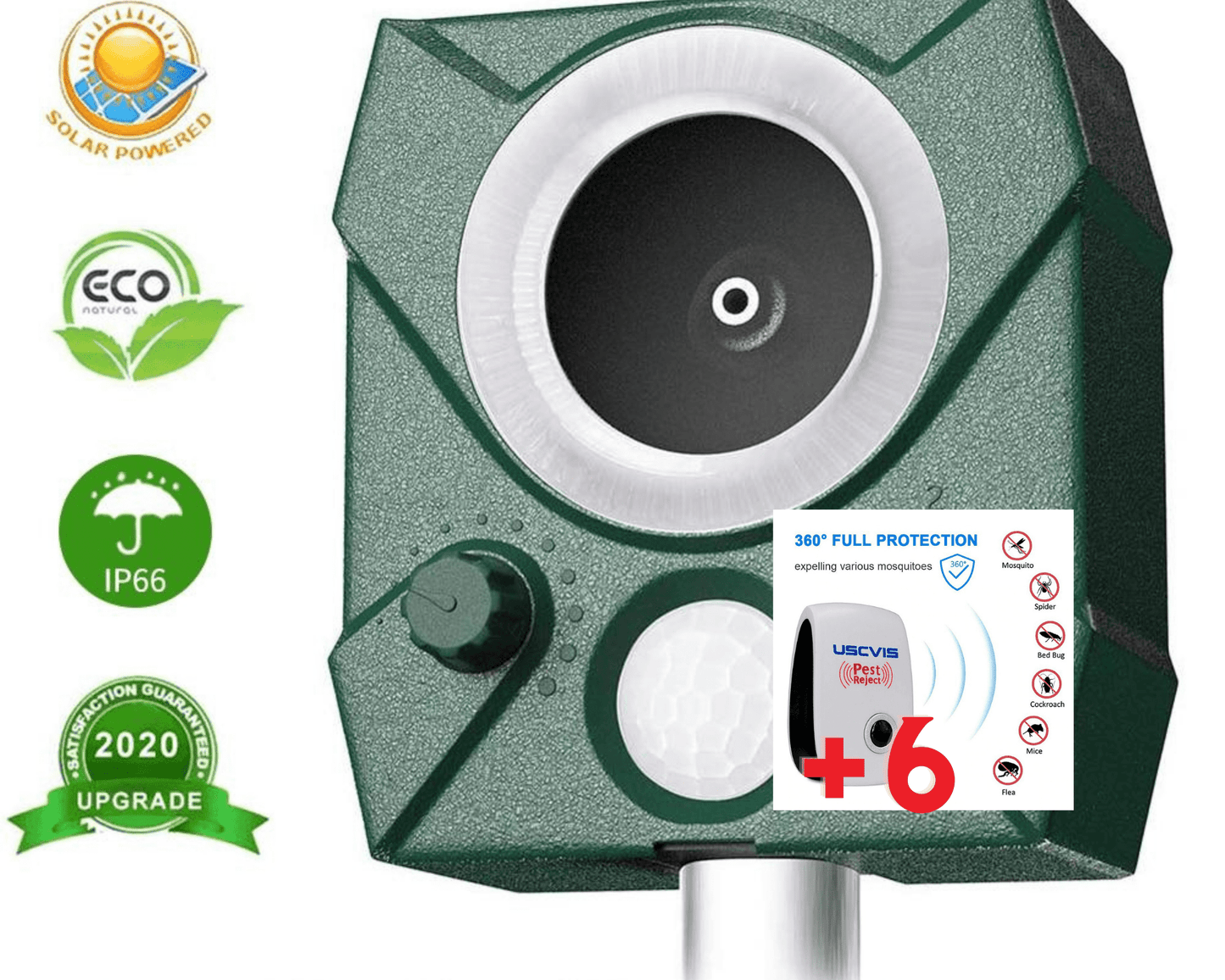 smartnliving Outdoors (Qty1)/Indoors (Qty 6) IntelliRepeller - 2020 Waterproof Solar Ultrasonic Insects, Pests, and Animal Repeller