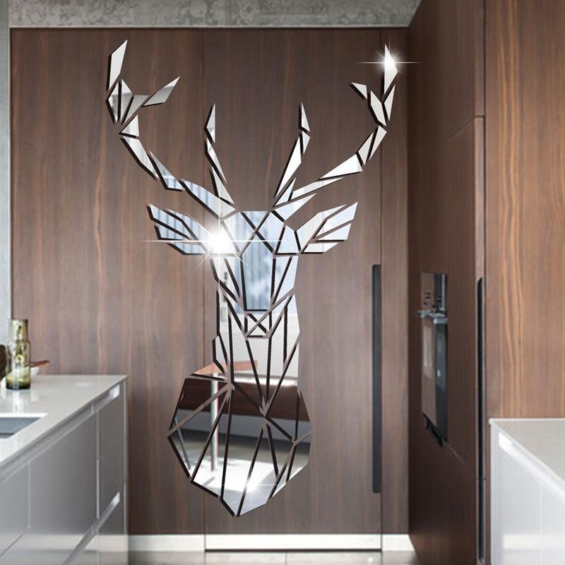 smartnliving Silver / XXL 95cm by 57cm Decorative Big Deer 3D Wall Mirror Acrylic Sticker
